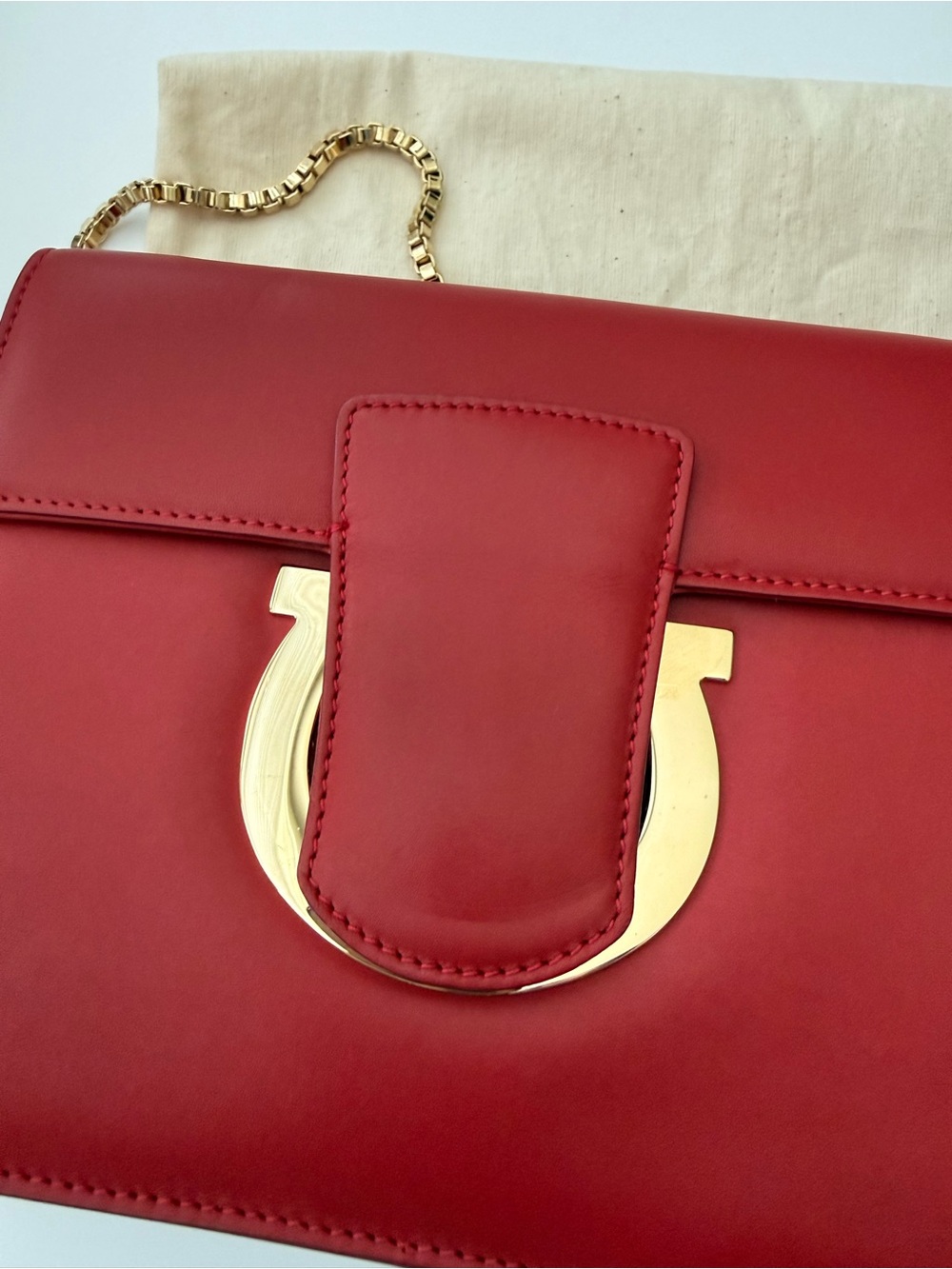 Authentic Ferragamo Red Leather Gancini Crossbody Bag with Gold hardware - Picture 2 of 11